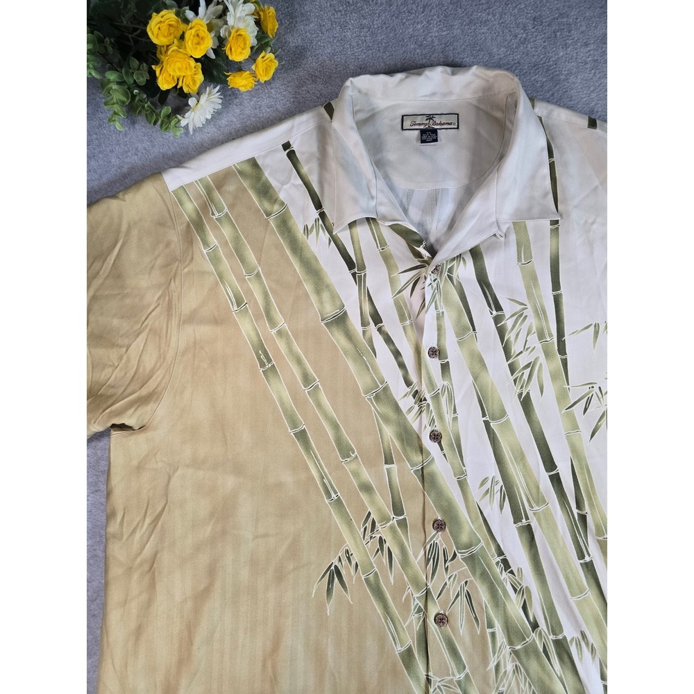 Tommy Bahama Mens XXL Y2K Silk Bamboo Camp Shirt Tan Green Button Up Hawaiian